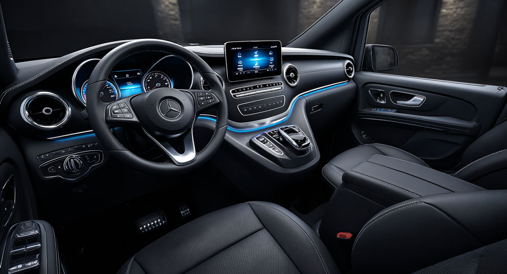 Cockpit of a Mercedes Van for rent